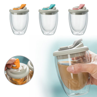 Double Wall Glass Mug with Lid – Insulated, Spill-Proof, and Elegant