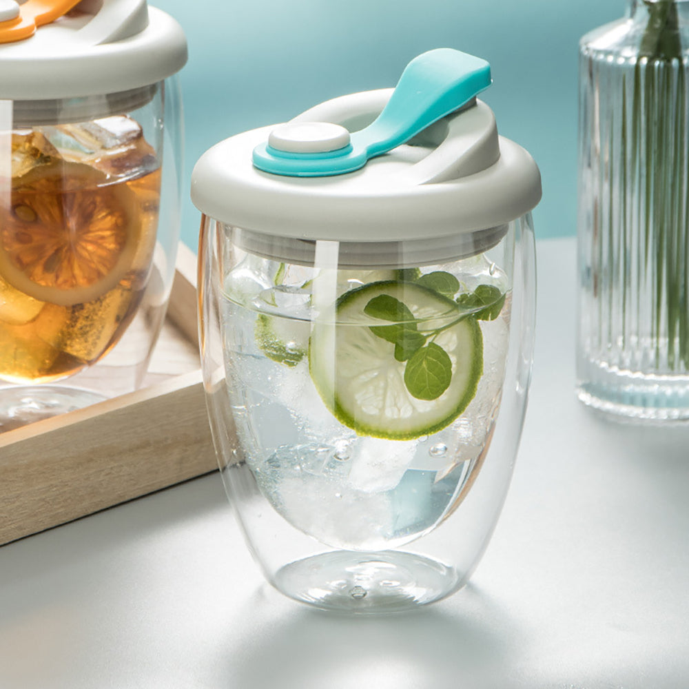 Double Wall Glass Mug with Lid – Insulated, Spill-Proof, and Elegant