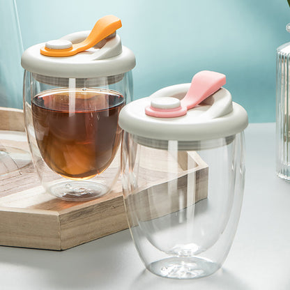 Double Wall Glass Mug with Lid – Insulated, Spill-Proof, and Elegant