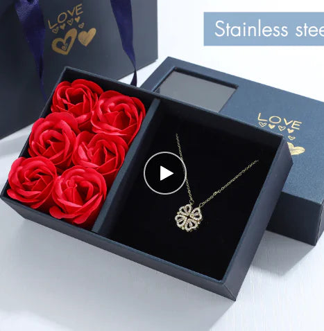 Exquisite Rose Gift Box with Four-Leaf Grass & Heart Necklace Set