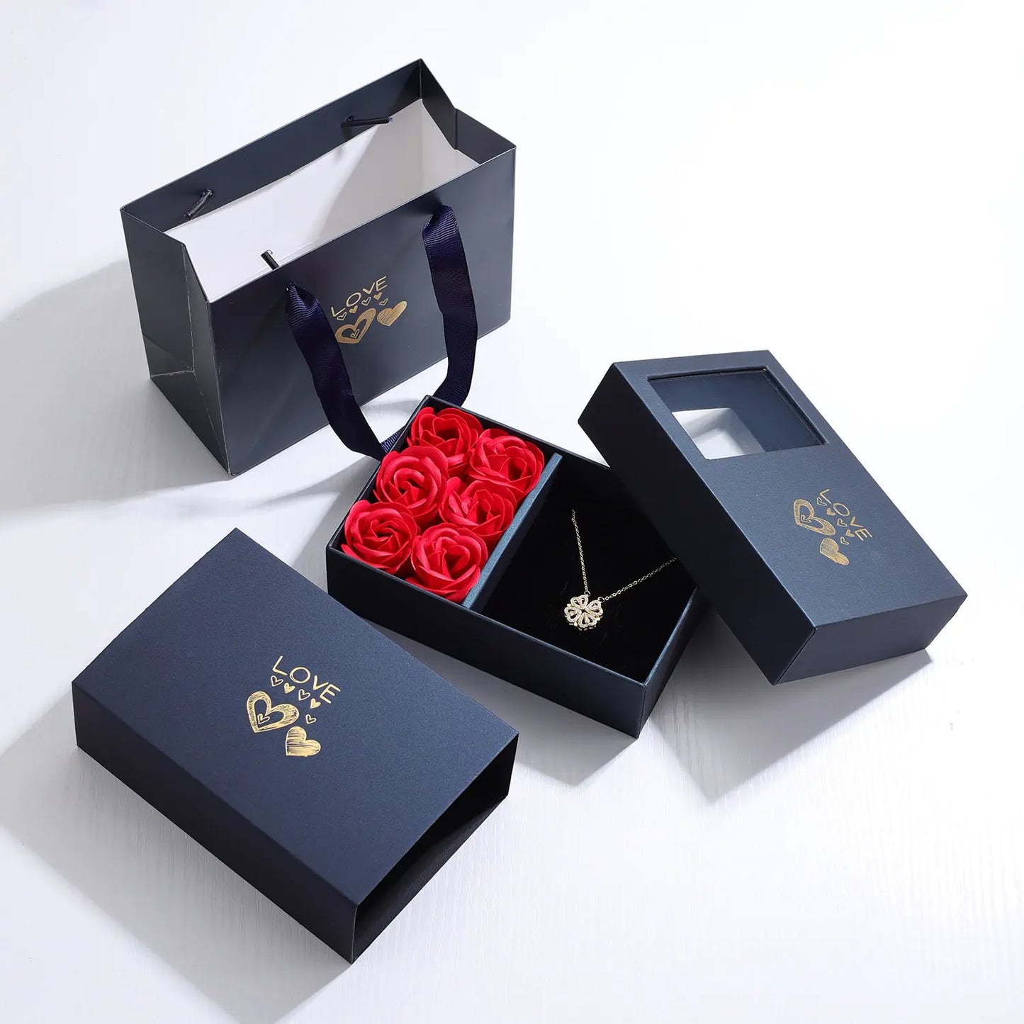 Exquisite Rose Gift Box with Four-Leaf Grass & Heart Necklace Set